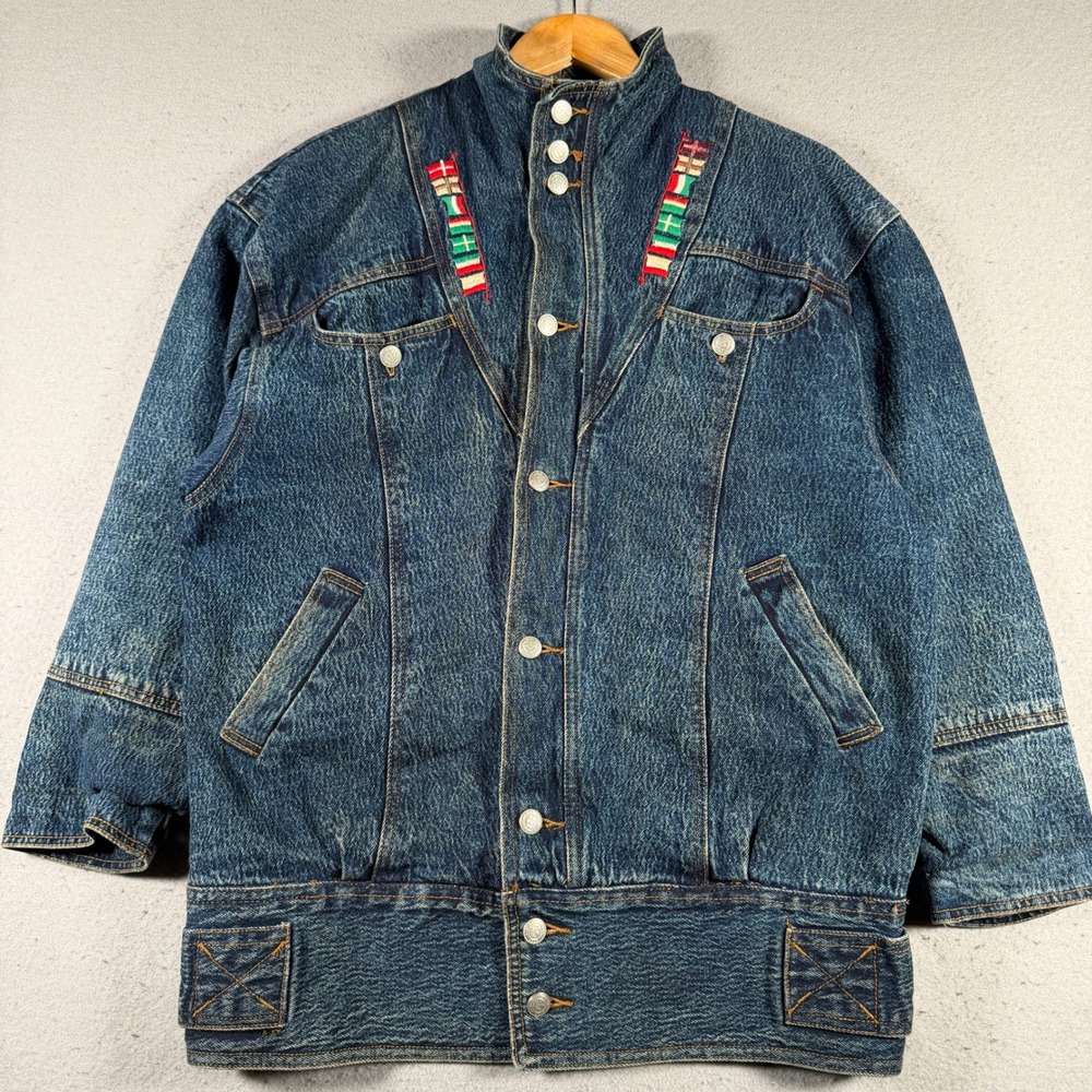 Dont Stop Sportswear Vintage Denim Jacket Womens M Blue Embroidered Flags 90s